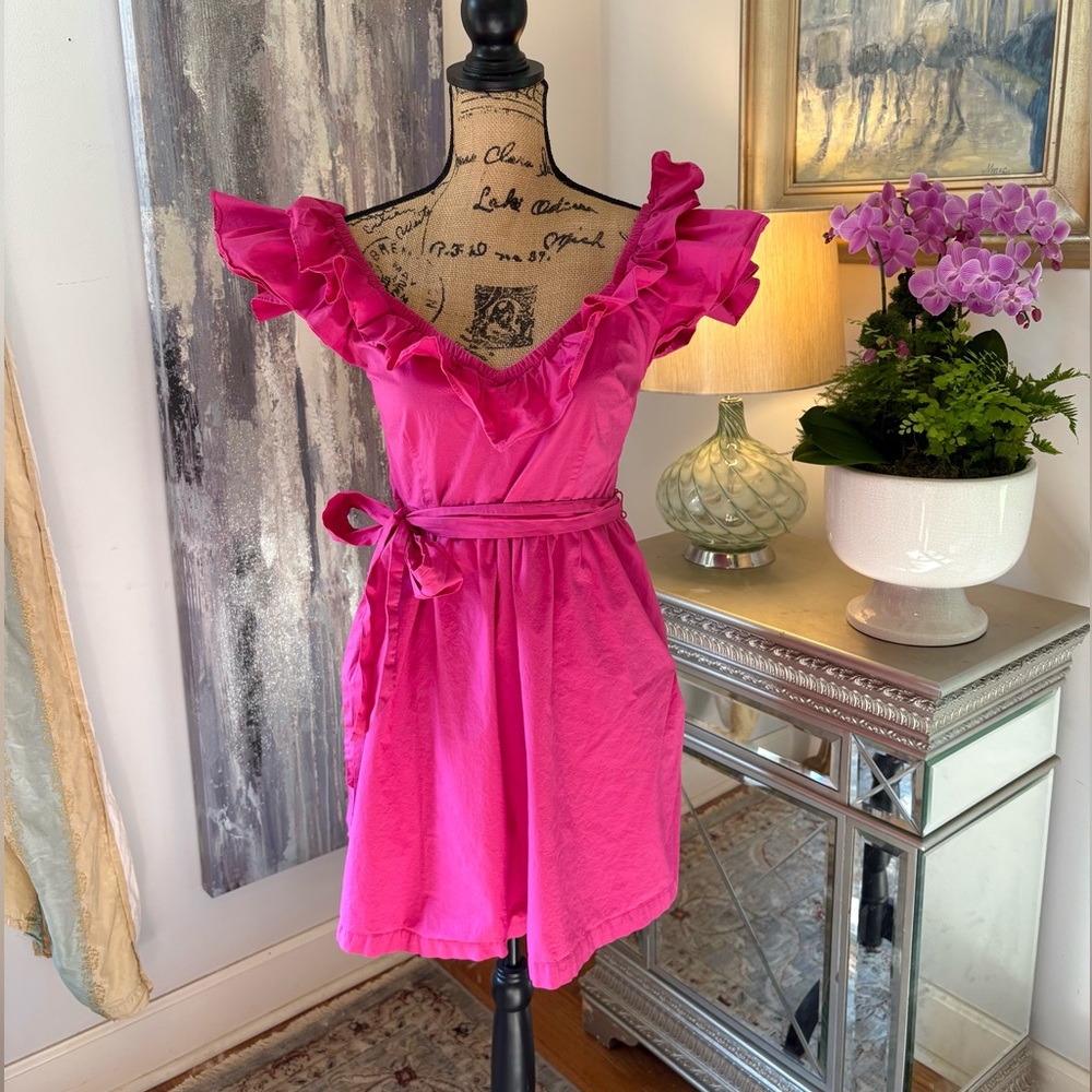 HILL HOUSE ANA Designer Magenta Pink fall ruffle sexy bow dress M